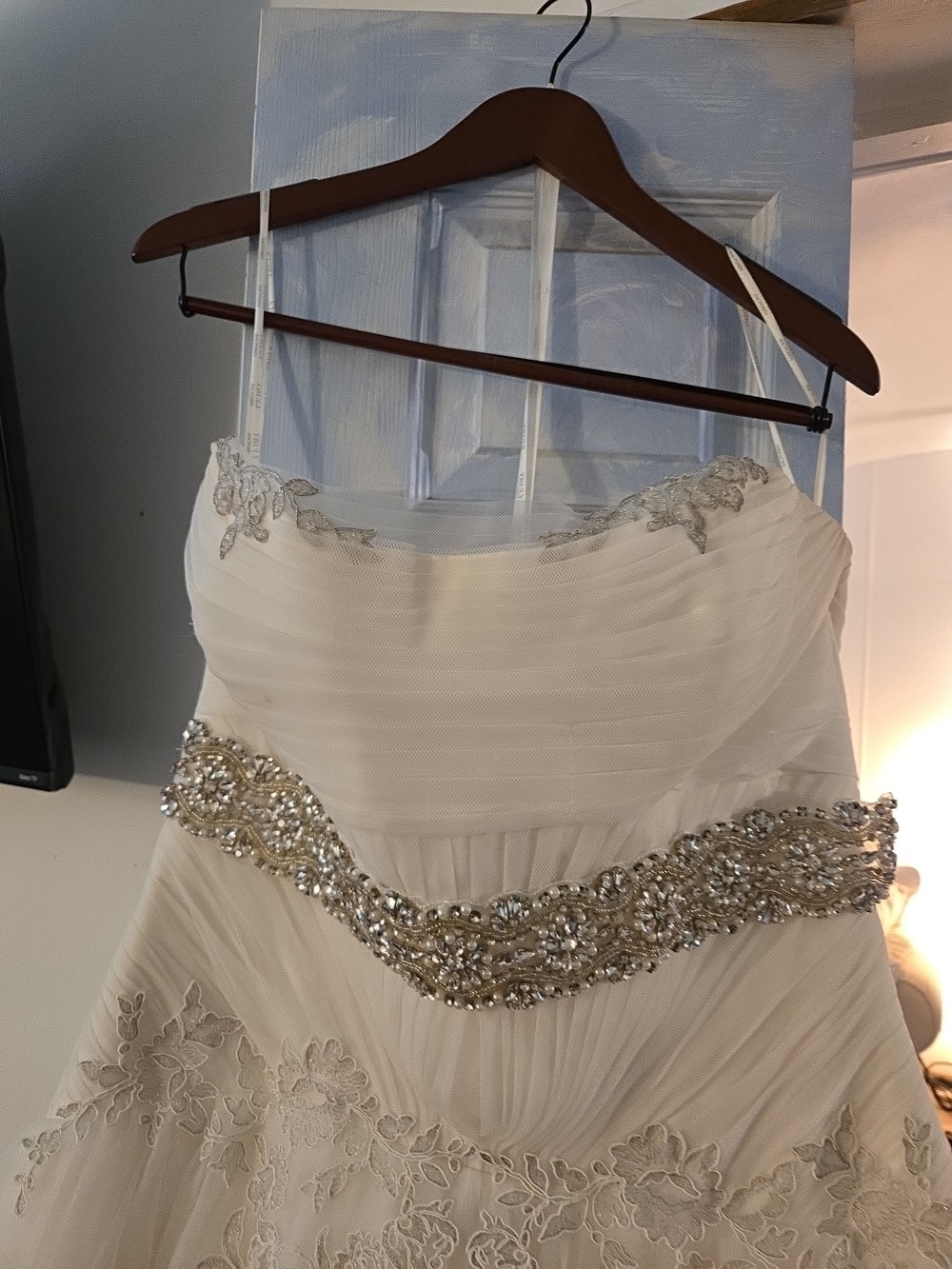 TRULY Strapless Ivory Lace Wedding Gown with Beaded Waist